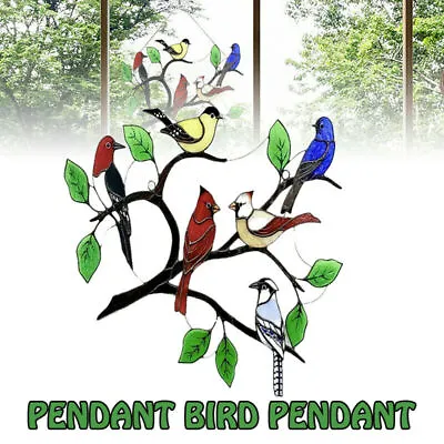 Buy Stained Glass Birds-On-Branch Window Panel Hanging Sun Catcher Home Garden Set • 8.78£