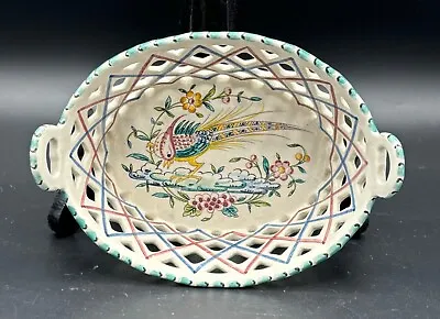 Buy Outeiro Agueda Oval Reticulated Ceramic Basket, Hand Painted Pheasant, Signed • 19.99£