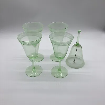 Buy Vintage Cambridge Florentine Green Vaseline Wine Glasses + Service Bell 5 Items • 71.03£