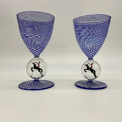 Buy Pair Of Bimini Werkstatte Fox Hunt Wine Blue Swirl Glasses Art Deco • 286.75£