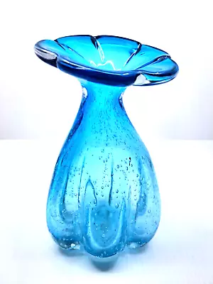 Buy Global Amici Hand Blown Blue Tulip Flower Bubble Art Glass Vase Murano Style • 52.84£