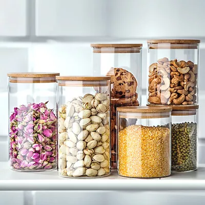 Buy Set Of 10 Airtight Glass Storage Jars Bamboo Lid Pasta Rice Grain Food Container • 14.94£
