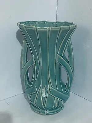 Buy Vintage 1940’s McCoy Art Deco Turquoise Strap & Ribbon Vase 12” • 168.66£