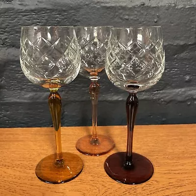 Buy Set Of 3 Bohemia Crystal Glass Lattice Cut Coloured Stem Hock Wine Glasses B54 • 27.99£