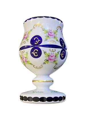 Buy Bohemian Blue Glass Overlay Vase Hand Painted  Czechoslovakia Porcelain • 162.08£