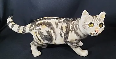 Buy Older Jenny Winstanley Pottery Size 3 Cat With Curling Tail Cathedral Glass Eyes • 65£