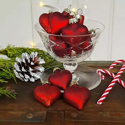 Buy Set Of 12 Antique Red Heart Crackle Glass Christmas Baubles/ornaments • 9.99£
