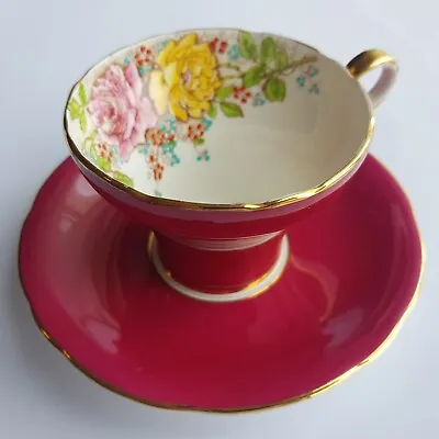 Buy Aynsley Yellow Roses 5025 Bone China Ceramic Tea Cup & Saucer Ruby Pink VTG • 54.50£