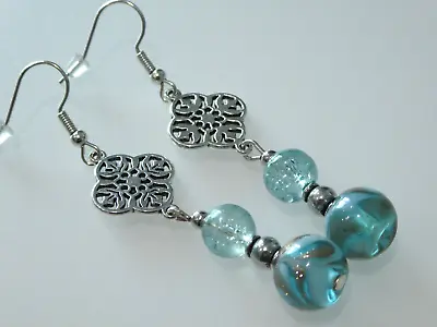 Buy Vintage Style Foiled Indian, Crackle Glass Long Drop Dangle Earrings • 8.49£
