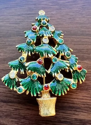 Buy Vintage Christmas Tree Brooch Pin Multi Color Rhinestone Gold Tone Holiday Green • 23.95£
