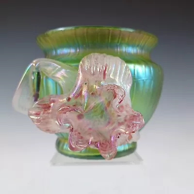 Buy Kralik Art Nouveau Applied Flower Iridescent Green Glass Vase • 65£