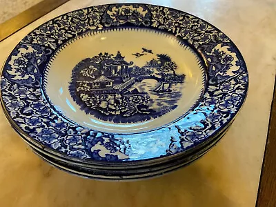 Buy Vintage Olde Alton Ware Blue White Chinese Pagoda Dished Dresser Plates Bowls X5 • 22£