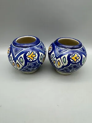 Buy Pair Hand Painted Pottery  Ceramic Squat Vases Pots Cobalt Blue Yellow And Green • 10£