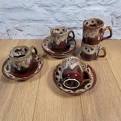 Buy 5 Vintage Fosters Style Studio Pottery Coffee Cups, Saucers Honeycomb Drip Glaze • 14.99£