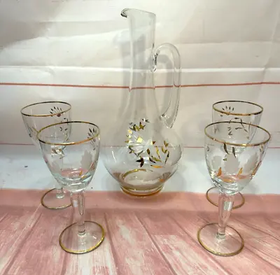 Buy Vintage Etched Clear Crystal Wine Liquor Pitcher Port Wine Glasses Set Gold Trim • 47.30£