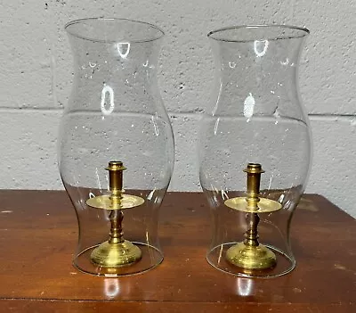 Buy VTG Pair - Brass Candlesticks With Hurricane Glass - Colonial Style • 28.95£