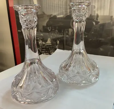 Buy Vintage Pressed Glass Candlestick Holders Art Deco Ribbed Diamond Pair  6in Tall • 24£