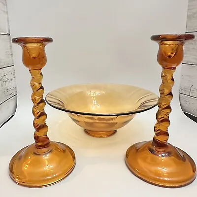 Buy Vintage Cambridge Amber Glass Pair Twisted Glass Candle Holders Sticks And Bowl • 40.34£
