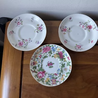 Buy 3 Fine Bone China Crown Saucers Floral 1000 Flowers Roses Staffordshire England • 5.99£