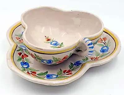 Buy RARE HENRIOT QUIMPER TREFOIL FORM HAND PAINTED FAIENCE CUP & SAUCER - 1910's • 18.95£