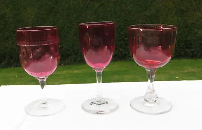 Buy Three Mixed Antique/Vintage Cranberry Glass Wine Glasses • 14.99£