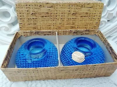 Buy Mid Century Bohemian Blue Glass Candle Holders Czech Boxed • 16.99£