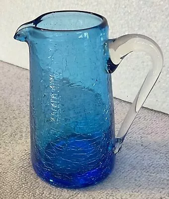 Buy Vintage CRACKLE Glass Pitcher Vase 3.75” Hand Blown Cobalt Blue Clear Handle • 9.46£