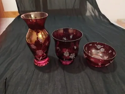 Buy Vintage Hand Cut Ruby Cranberry Glass, Bowl And Vase • 20£