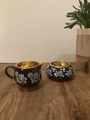 Buy Small Black And Gold Jug And Bowl Prinknash Pottery With Delicate Floral Design • 15£