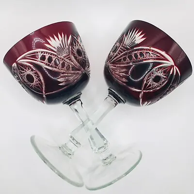 Buy Vintage Ruby Red Bohemian Cut Glass Wine Glasses • 45£