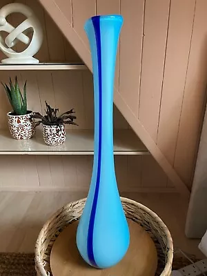 Buy Long Necked Murano Style Pale Blue With Dark Stripe Bulb Shape Art Glass Vase • 19.99£