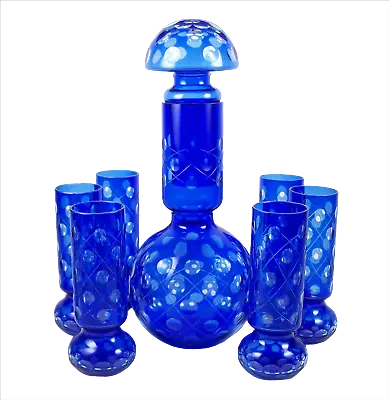 Buy Vintage Art Glass Blue Cut Etched Glass Decanter Set W/ 10oz Cocktail Glasses • 215.77£