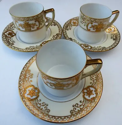 Buy 3 Superb Noritake Demitasse Small Coffee Cups & Saucers Hand Painted Heavy Gilt • 7.99£