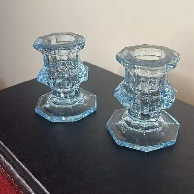 Buy VTG Pair Of Fostoria Sky Blue Glass Taper Candle Stick Holders • 26.83£