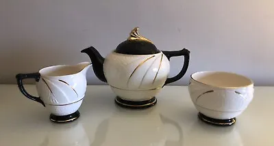 Buy Art Deco Style Black, White & Gold Tea Pot, Milk Jug & Sugar Bowl Melba Ware. • 20£