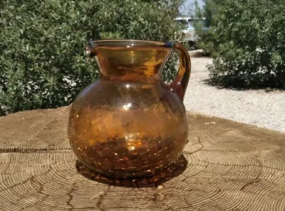 Buy Vintage Handblown Gold Amber Crackle Glass Pitcher W/applied Handle • 4.32£