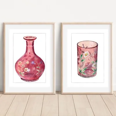 Buy Set Of VICTORIAN PINK GLASSES ILLUSTRATION ART PRINTS Wall Picture Home Art • 10.99£