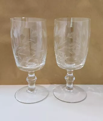 Buy Set Of 2 Engraved Medium Stem Wine Glasses With Cut Floral Decoration 1950s • 12.99£
