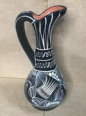 Buy Native American Art Pottery Glossy Black White Bird Vase Pitcher Jug Southwest • 72.07£