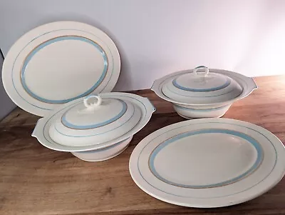 Buy Myott Vintage Art Deco 2x Lidded Tureens Serving Dish Charger Plates Blue • 29£