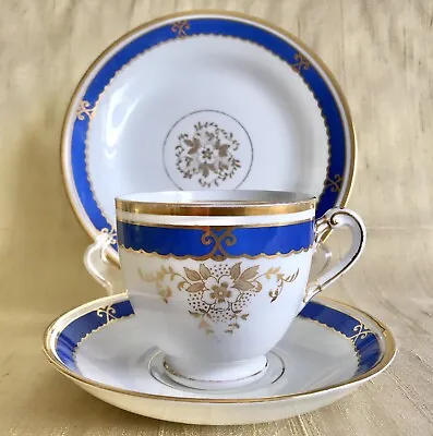 Buy VINTAGE Tuscan English Bone China Tea Cup Saucer And Plate Trio Set Blue Gold #1 • 17.99£