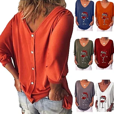 Buy Plus Size Womens Christmas Wine Glass T-Shirt Tops Long Sleeve Loose Blouse • 15.59£