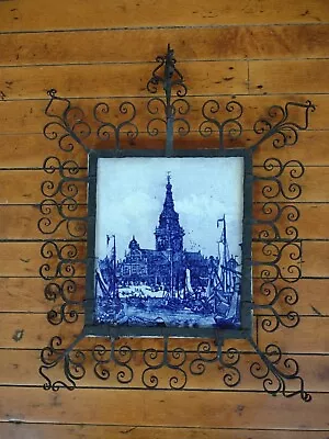 Buy Antique Delft Blue Porcelain Seville Tile Wrought Iron Frame Pickman Paris 1890? • 90.13£