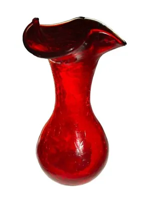 Buy Vintage Ruby Red Crackle Glass Bud Flower Vase Ruffle Edge Hand Blown 7” • 18.94£