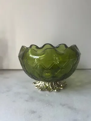Buy Green Quilted Diamond Glass Compote Bowl Gold Flower Base Vintage MCM Candy Dish • 18.22£