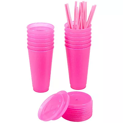 Buy 12Pcs Plastic Straw Cups Reusable Glitter Tumbler With Lid 710ml Large BiFYb • 20.15£