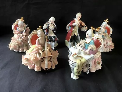 Buy 6 X Antique Dresden Porcelain Lace Figurine.  Musicians . Marked Bottom • 153.44£