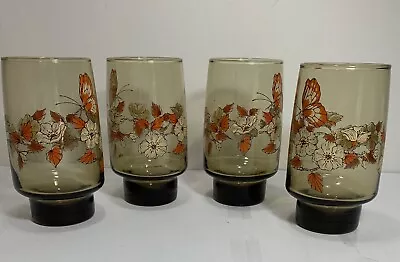 Buy Vintage 1970's Libbey Accent Glasses Butterflies Tawny Smokey Amber 16 Oz MCM • 18.97£
