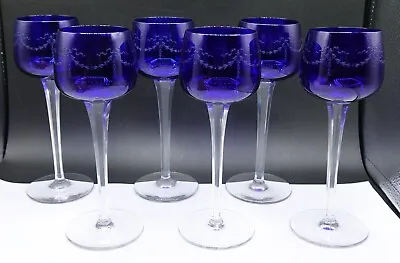 Buy FRENCH Baccarat Blue Crystal Lily Of The Valley Floral Hoock Wine Glasses Set 6 • 1,335.60£
