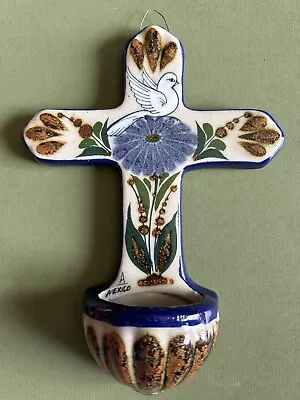 Buy Tonala Mexican Pottery Cross  Hanging Wall Pocket Holy Water Flower Bird • 20.79£